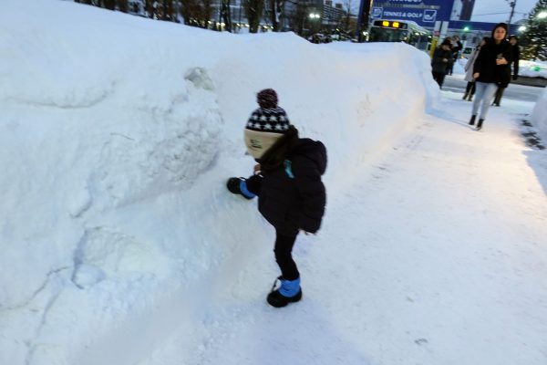 札幌駅に到着。息子氏の背丈以上の雪山がそこら中あります！